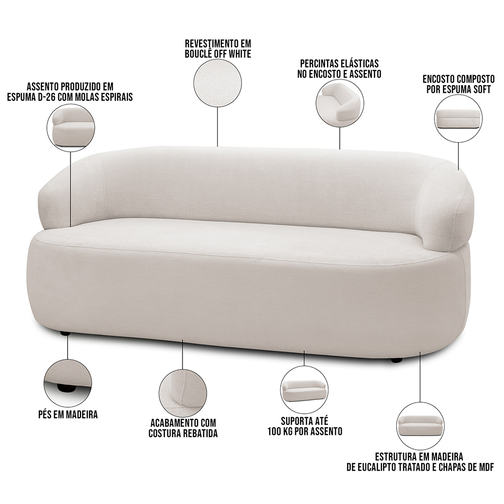 Sofá 2 Lugares Orgânico Sala de Estar Living 140cm Carmen F04 Bouclê Off White - Lyam Decor