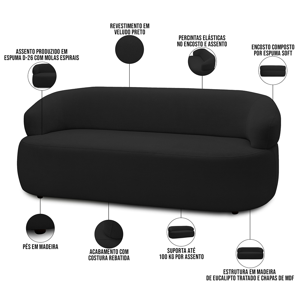 Sofá 2 Lugares Orgânico Sala de Estar Living 140cm Carmen F04 Veludo Preto - Lyam Decor