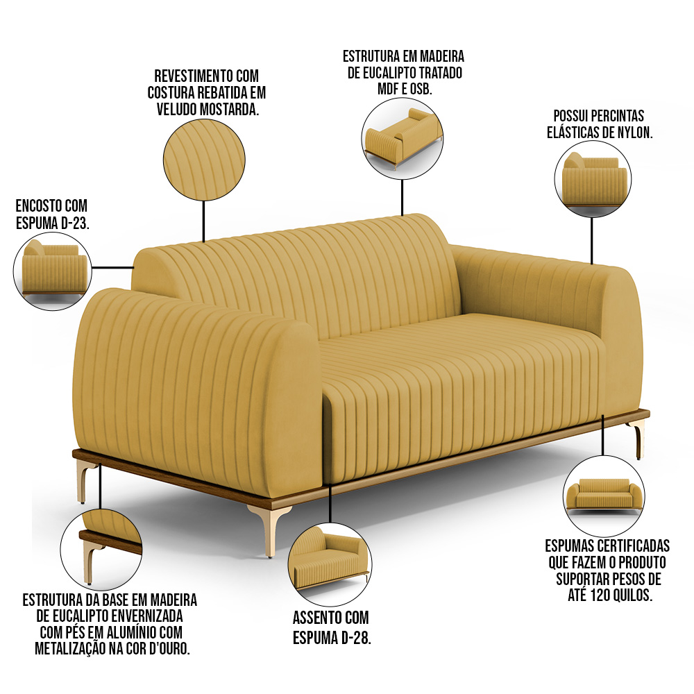 Sofá 2 Lugares Para Sala De Estar Molino 150 Cm D02 Pés D'ouro Veludo Mostarda C-260 - Lyam Decor