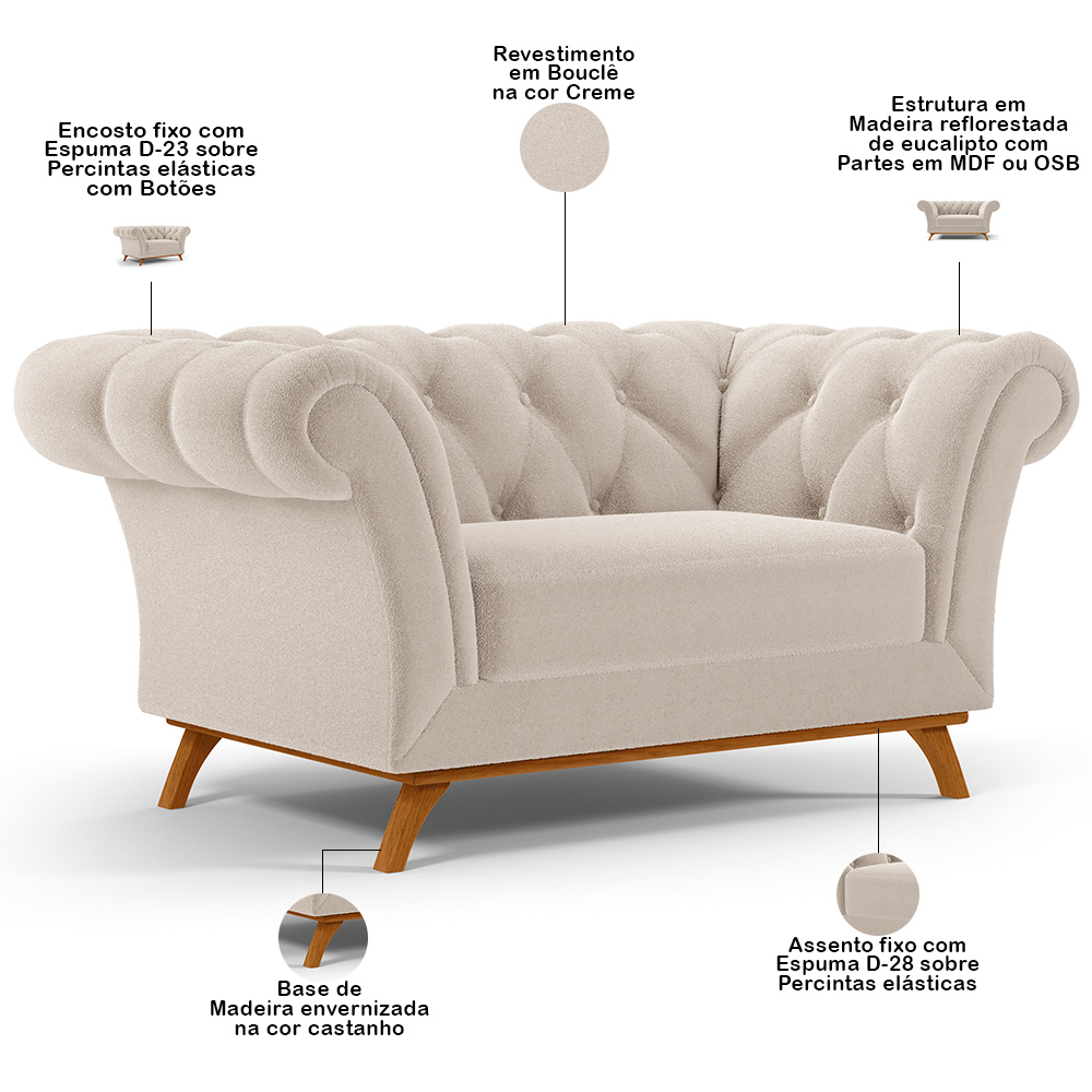 Sofá 2 Lugares Para Sala de Estar Império 150 cm D02 Bouclê Creme C-54 - Lyam Decor