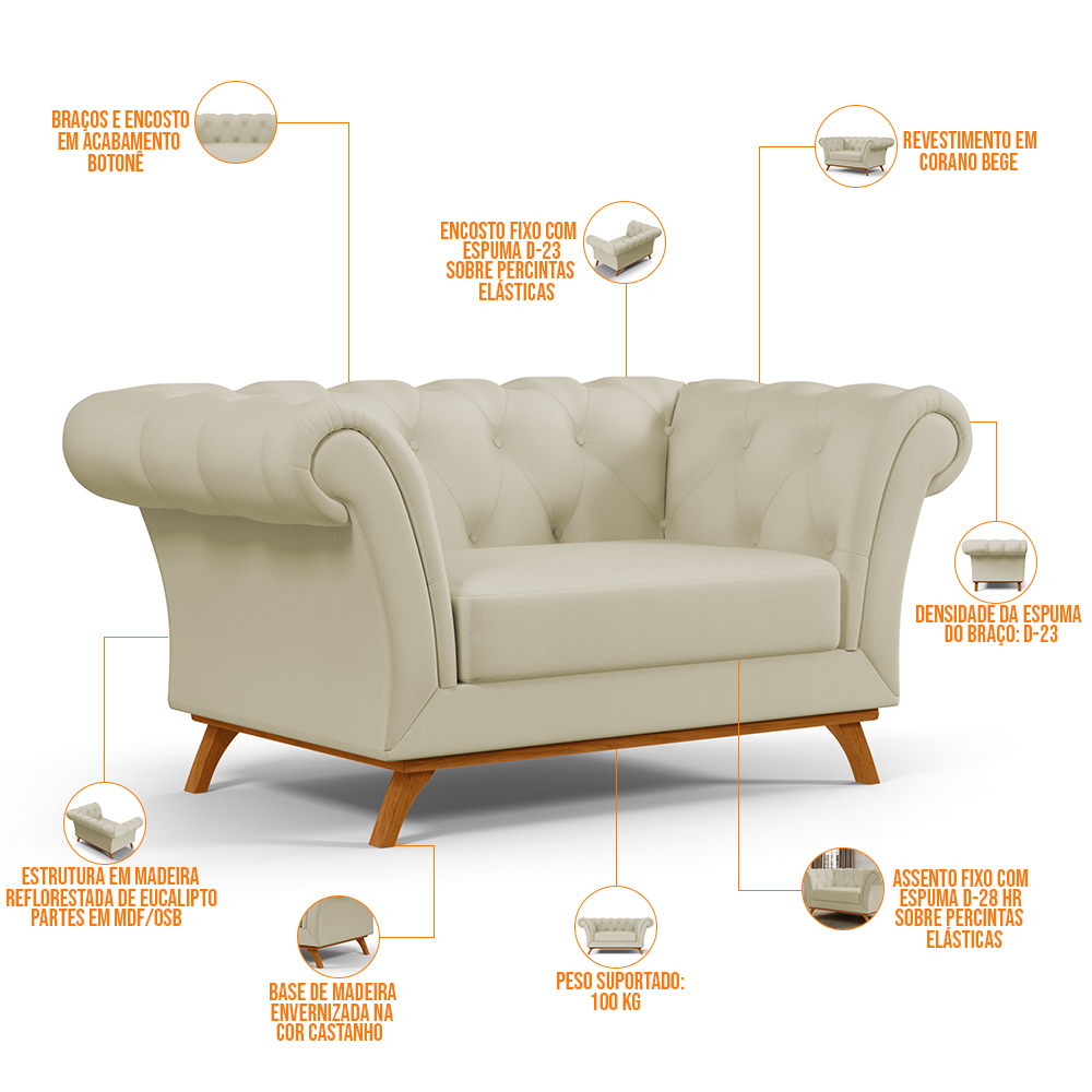 Sofá 2 Lugares Para Sala de Estar Império 150 cm D02 Corano Bege C-26 - Lyam Decor
