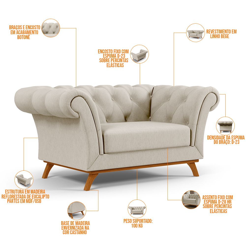 Sofá 2 Lugares Para Sala de Estar Império 150 cm D02 Linho Bege C-107 - Lyam Decor