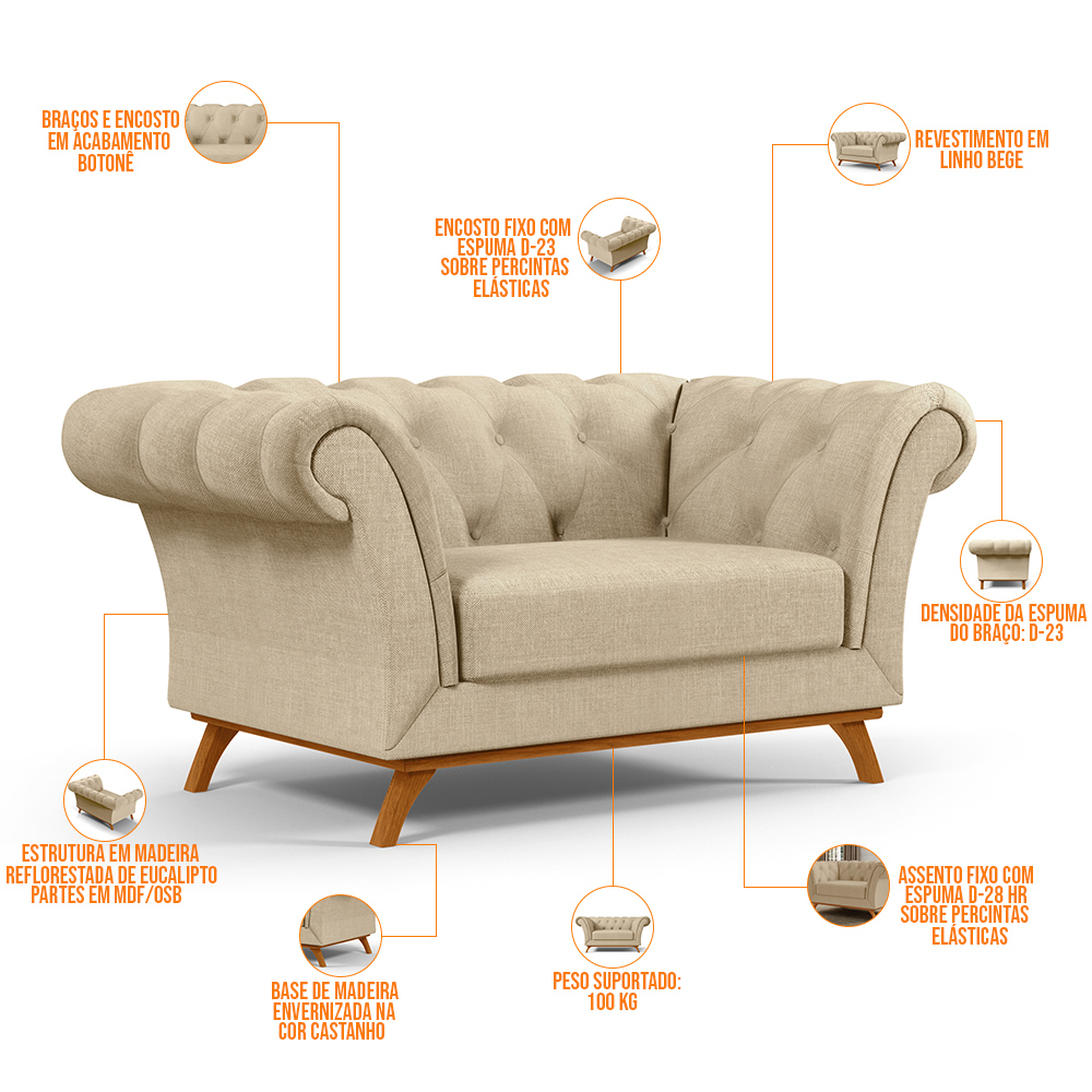 Sofá 2 Lugares Para Sala de Estar Império 150 cm D02 Linho Bege C-129 - Lyam Decor