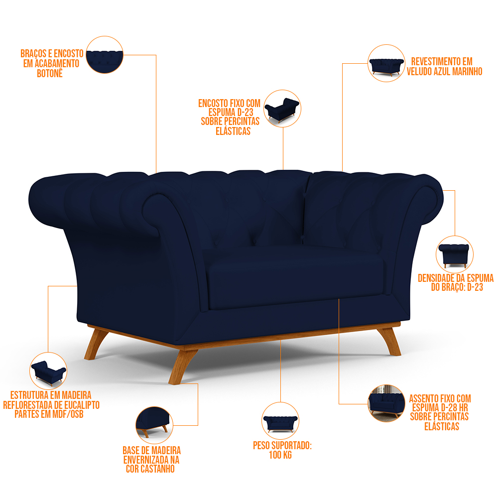 Sofá 2 Lugares Para Sala de Estar Império 150 cm D02 Veludo Azul Marinho C-287 - Lyam Decor