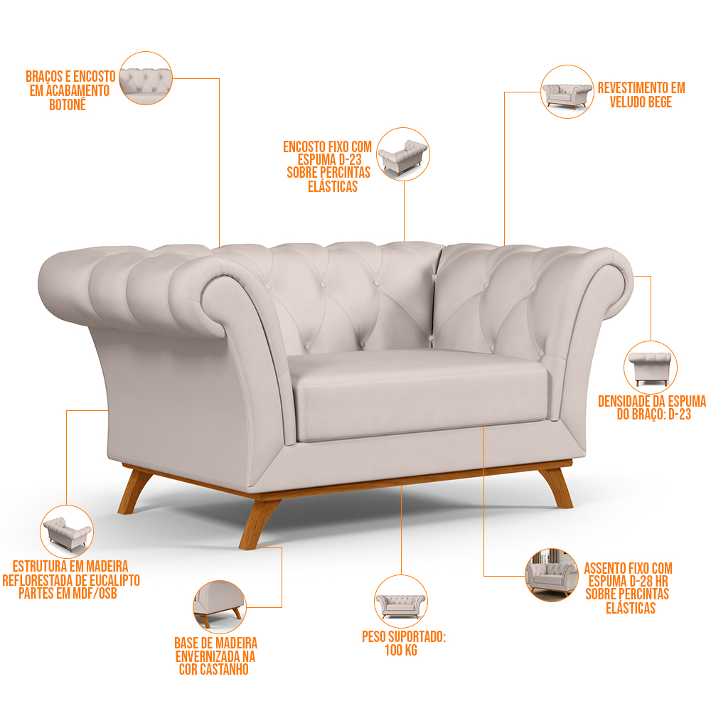 Sofá 2 Lugares Para Sala de Estar Império 150 cm D02 Veludo Bege C-309 - Lyam Decor