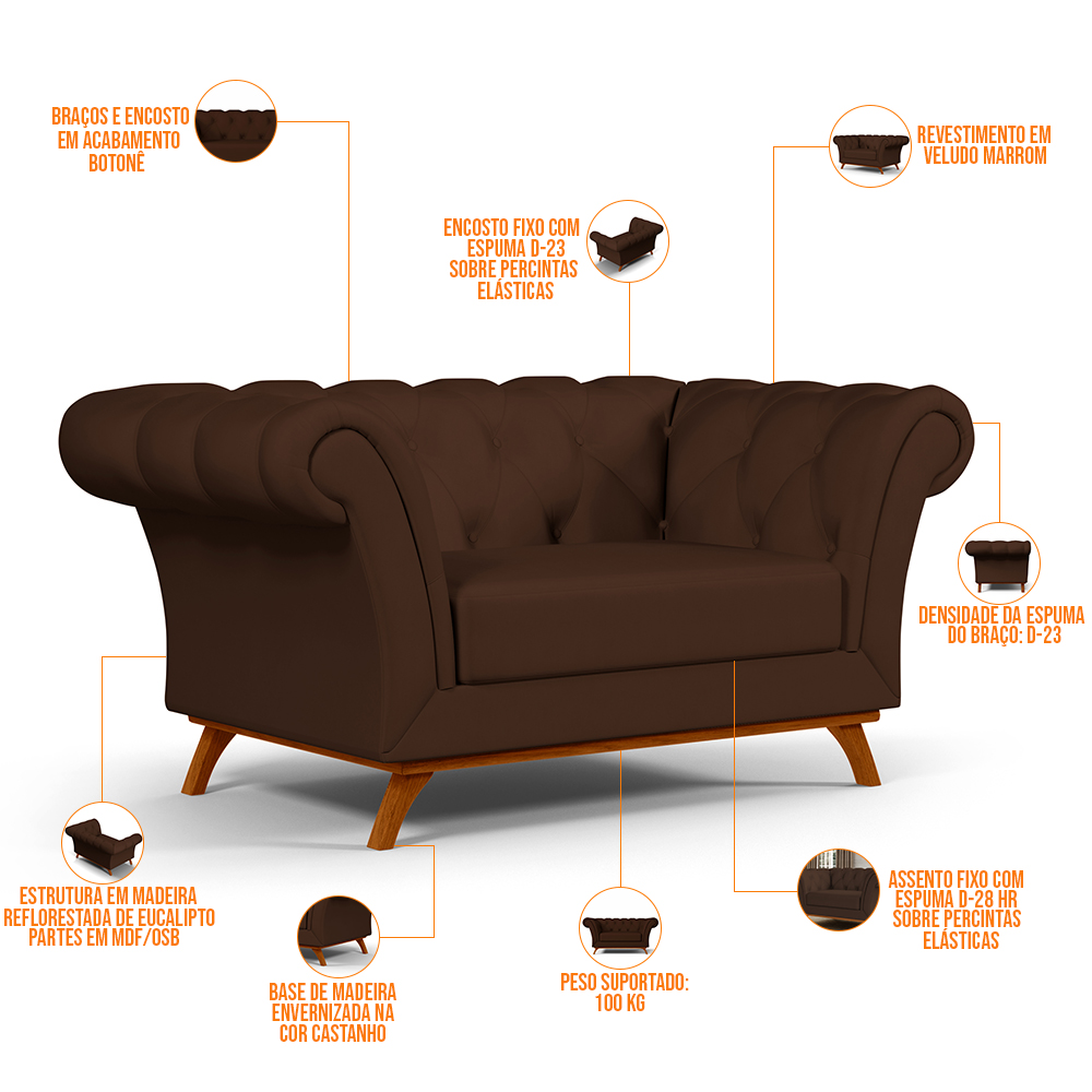 Sofá 2 Lugares Para Sala de Estar Império 150 cm D02 Veludo Marrom B-276 - Lyam Decor