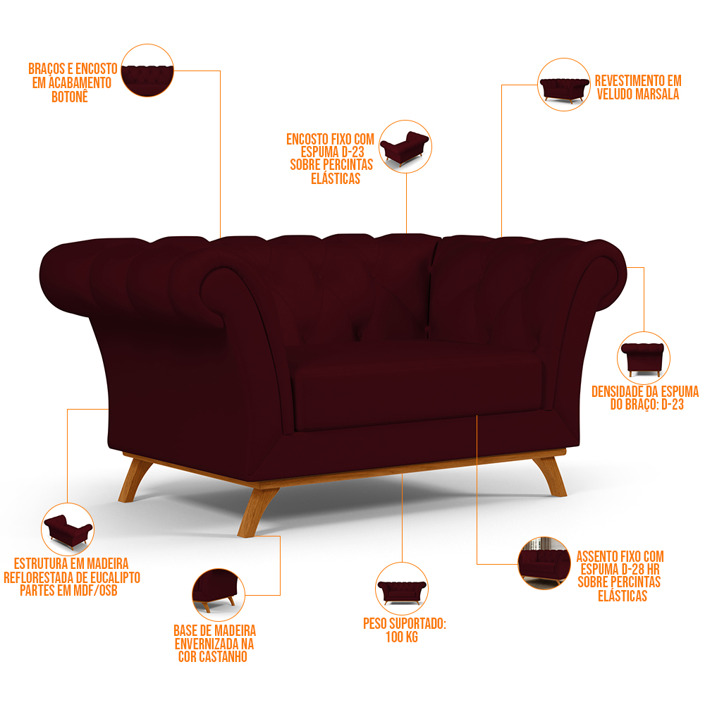 Sofá 2 Lugares Para Sala de Estar Império 150 cm D02 Veludo Marsala C-278 - Lyam Decor
