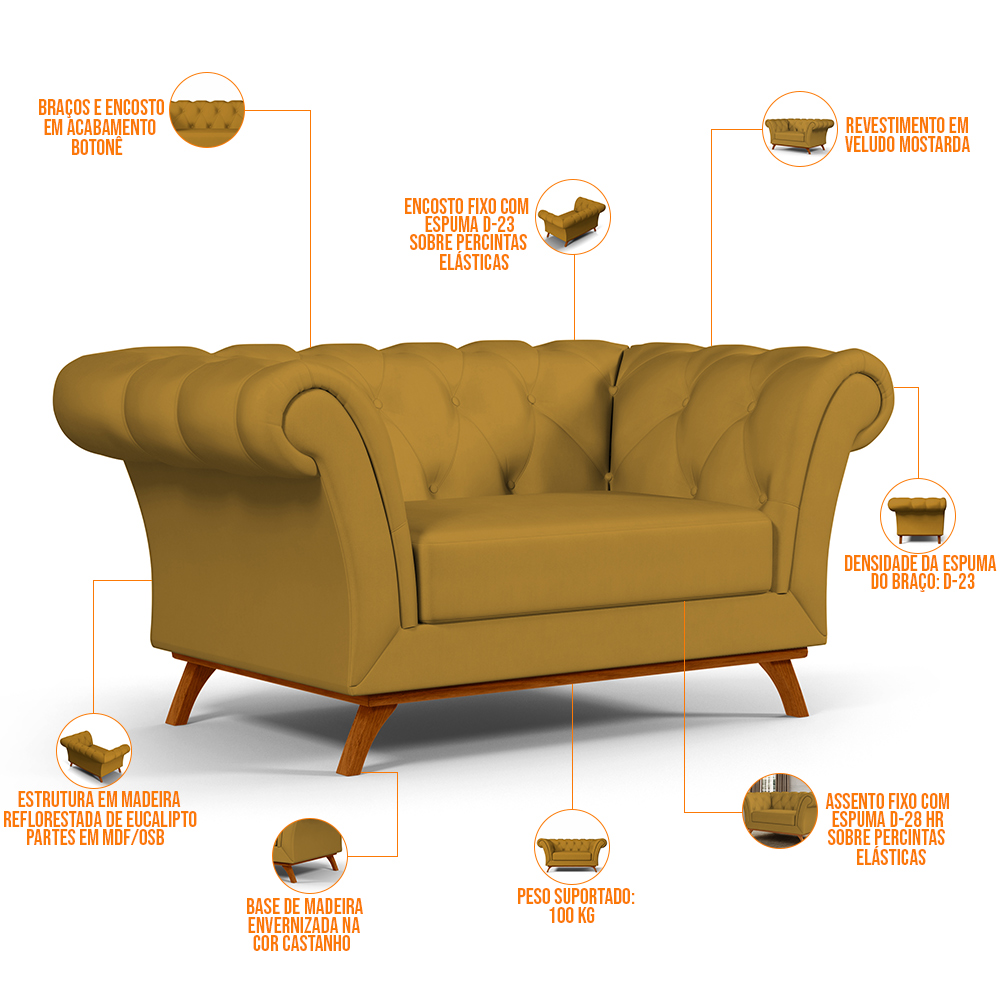 Sofá 2 Lugares Para Sala de Estar Império 150 cm D02 Veludo Mostarda B-260 - Lyam Decor