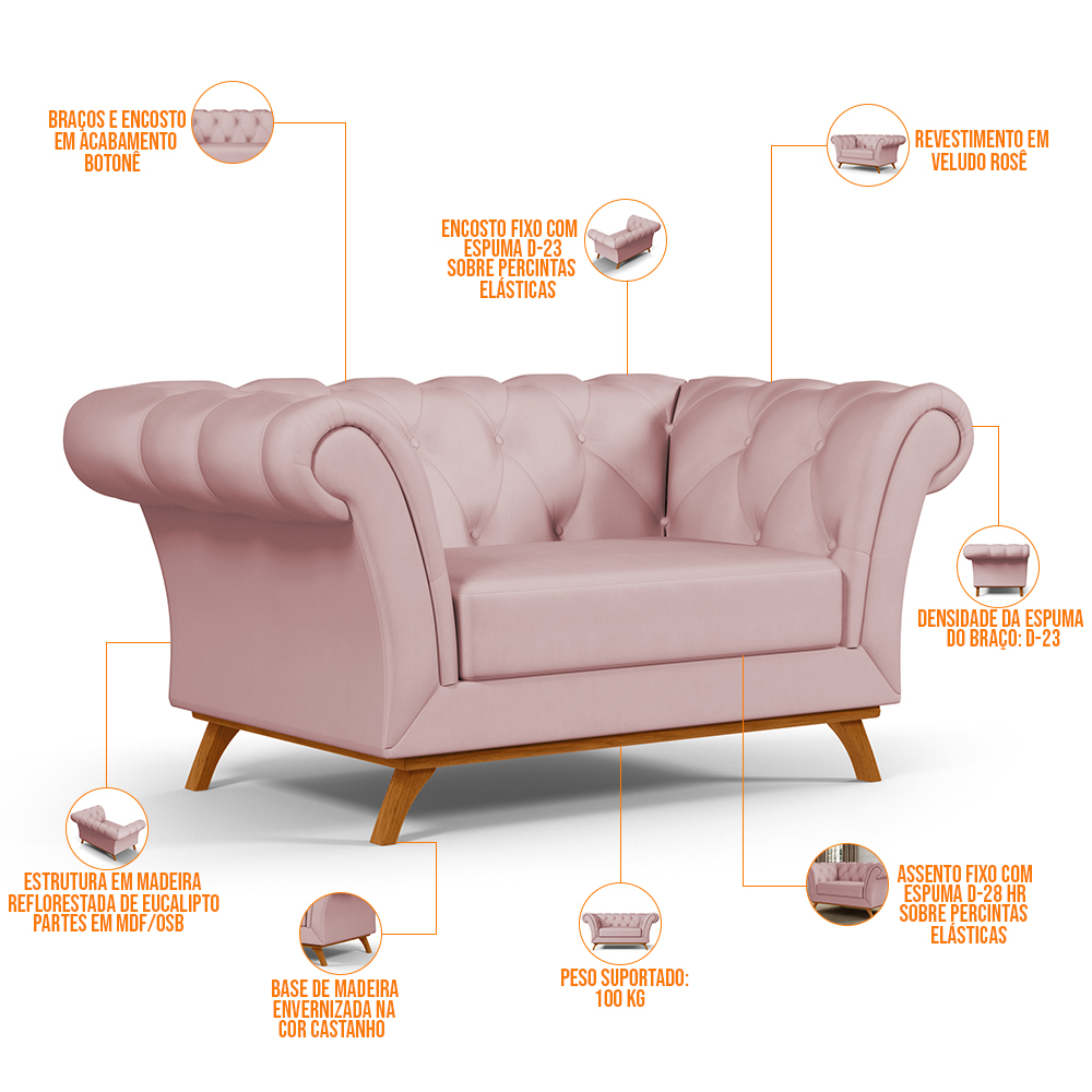 Sofá 2 Lugares Para Sala de Estar Império 150 cm D02 Veludo Rosê B-305 - Lyam Decor