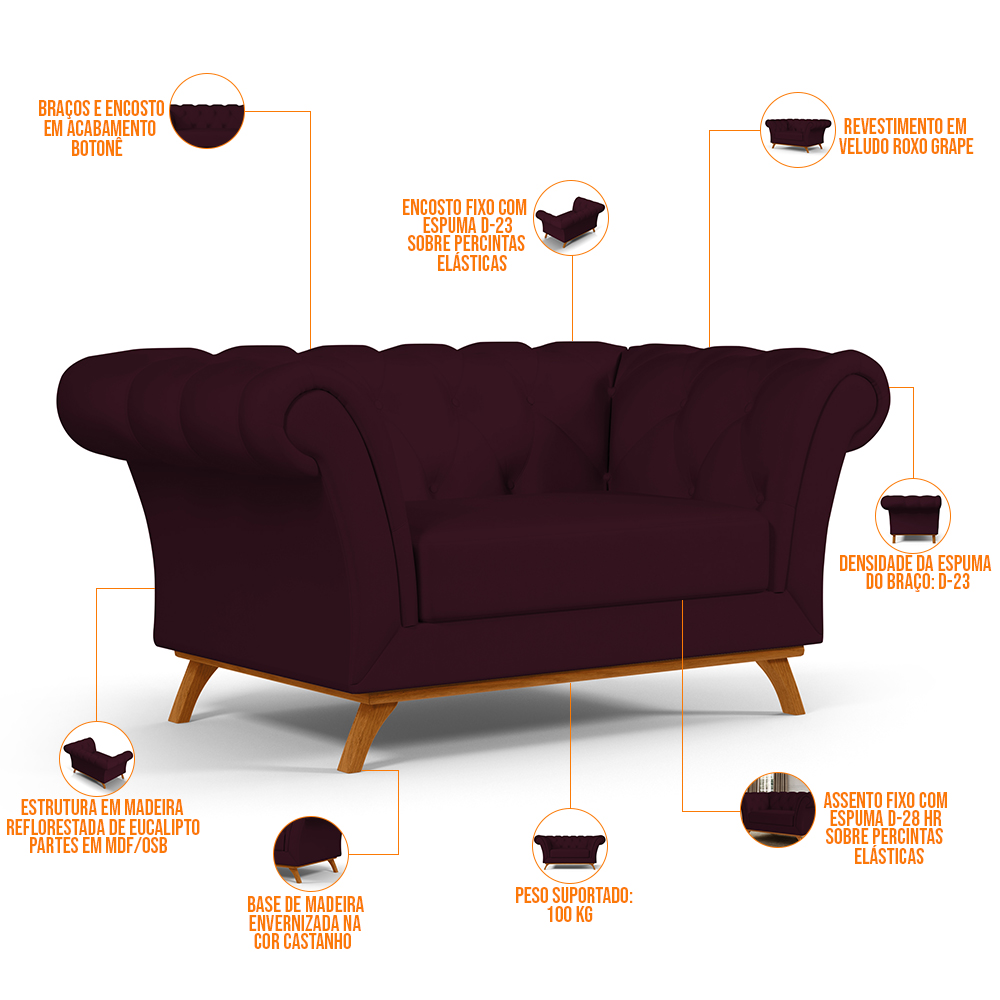 Sofá 2 Lugares Para Sala de Estar Império 150 cm D02 Veludo Roxo Grape C-292 - Lyam Decor