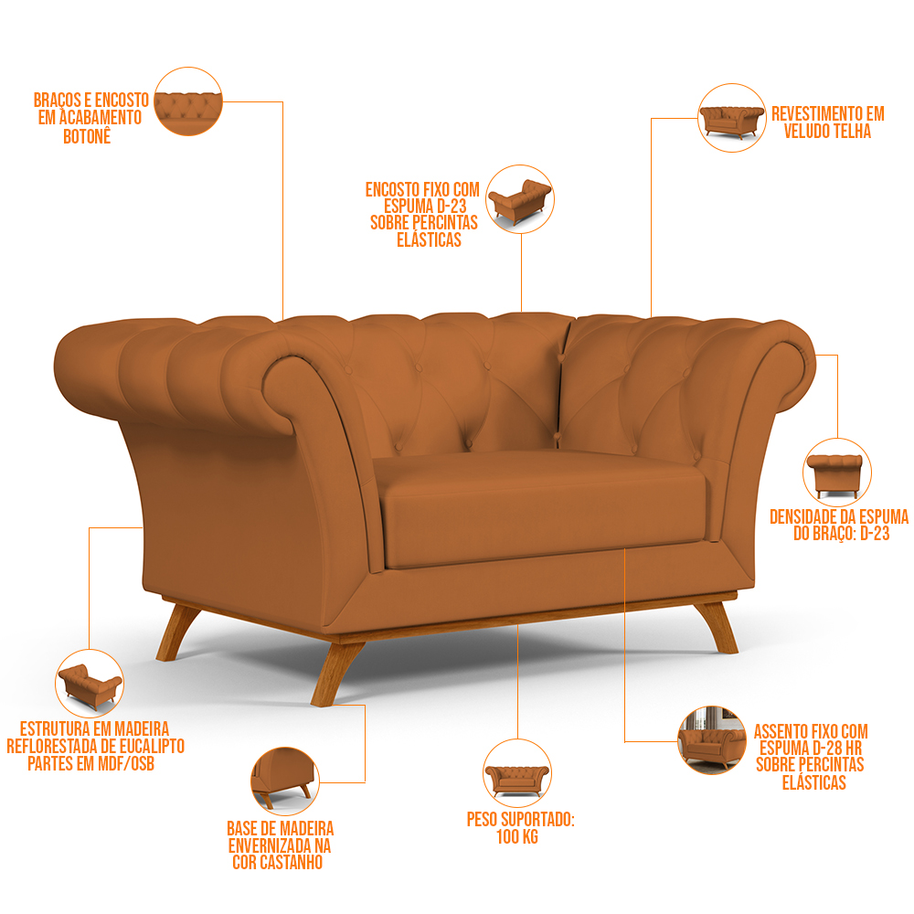 Sofá 2 Lugares Para Sala de Estar Império 150 cm D02 Veludo Telha C-262 - Lyam Decor