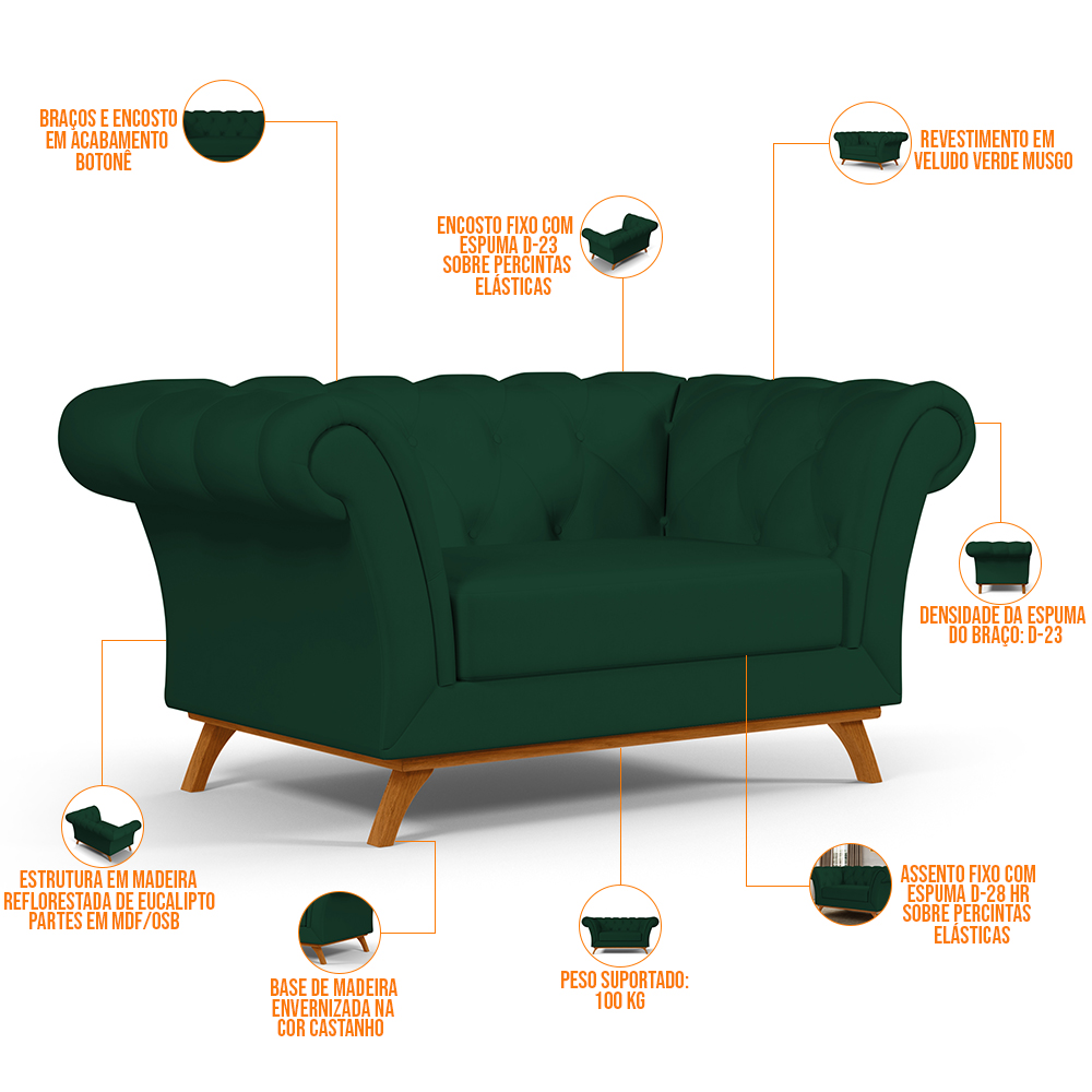 Sofá 2 Lugares Para Sala de Estar Império 150 cm D02 Veludo Verde Musgo C-303 - Lyam Decor