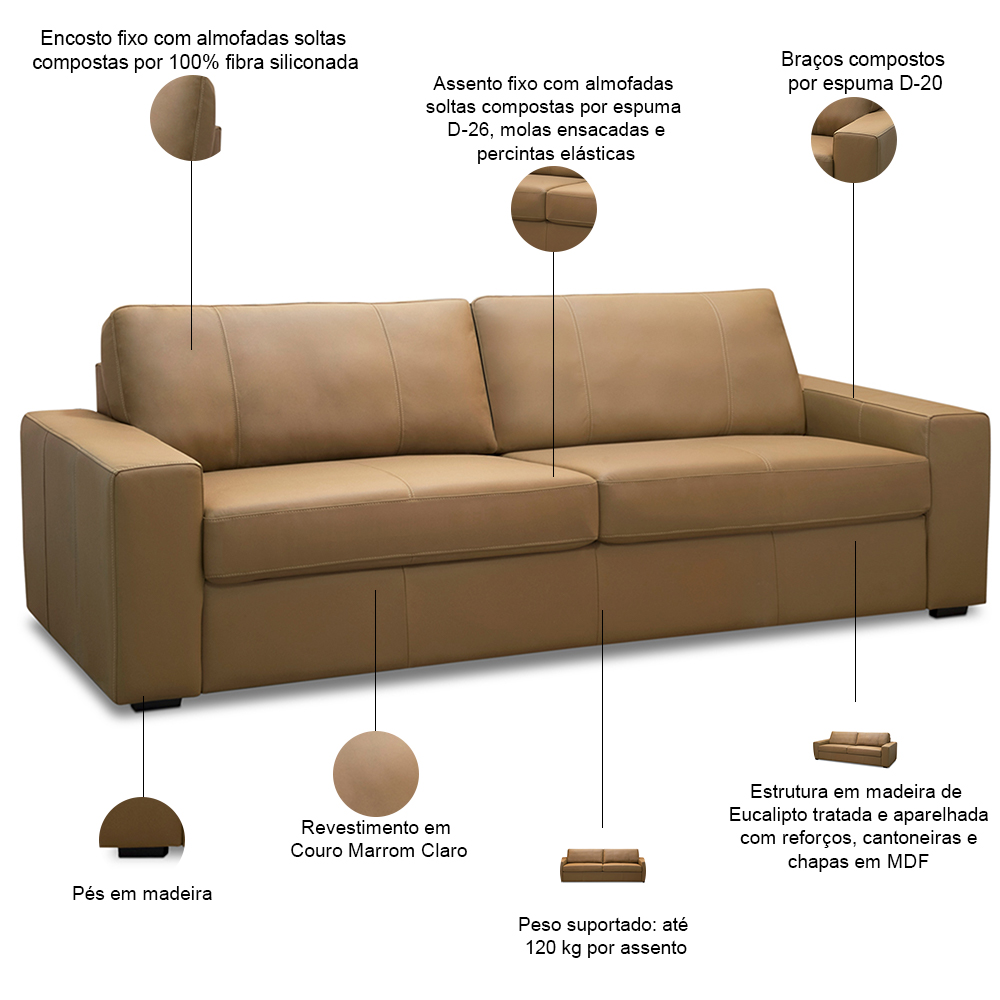 Sofá 2 Lugares Para Sala de Estar Living 150cm Aurora L06 Couro Marrom Claro - Lyam Decor
