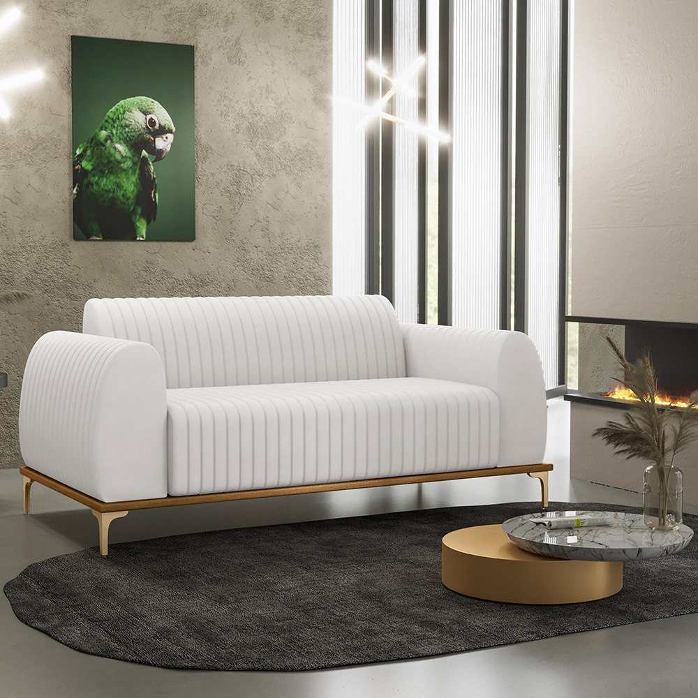 Sofá 2 Lugares Para Sala de Estar Molino 150 cm D02 Pés D'Ouro Corano Branco C-12 - Lyam Decor