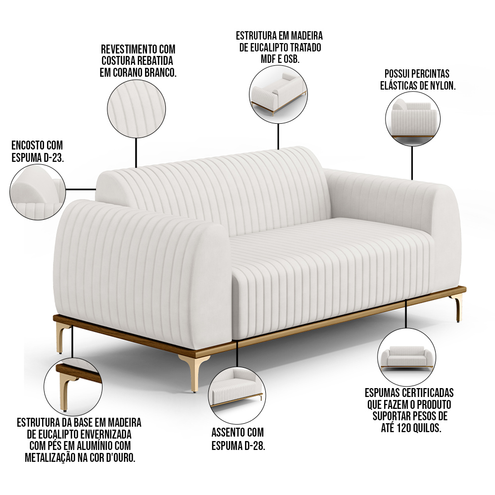 Sofá 2 Lugares Para Sala de Estar Molino 150 cm D02 Pés D'Ouro Corano Branco C-12 - Lyam Decor