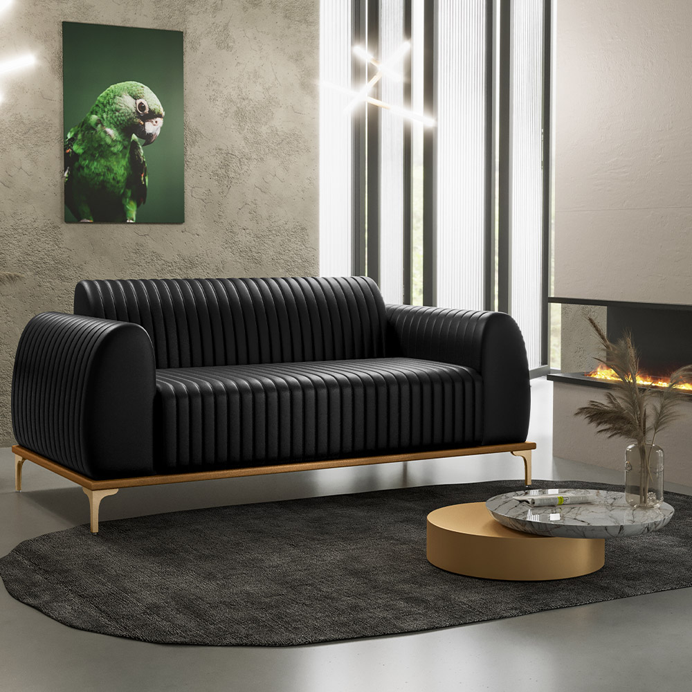 Sofá 2 Lugares Para Sala de Estar Molino 150 cm D02 Pés D'Ouro Couríssimo Preto B-159 - Lyam Decor