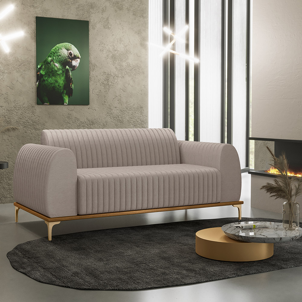 Sofá 2 Lugares Para Sala de Estar Molino 150 cm D02 Pés D'Ouro Linho Bege C-107 - Lyam Decor