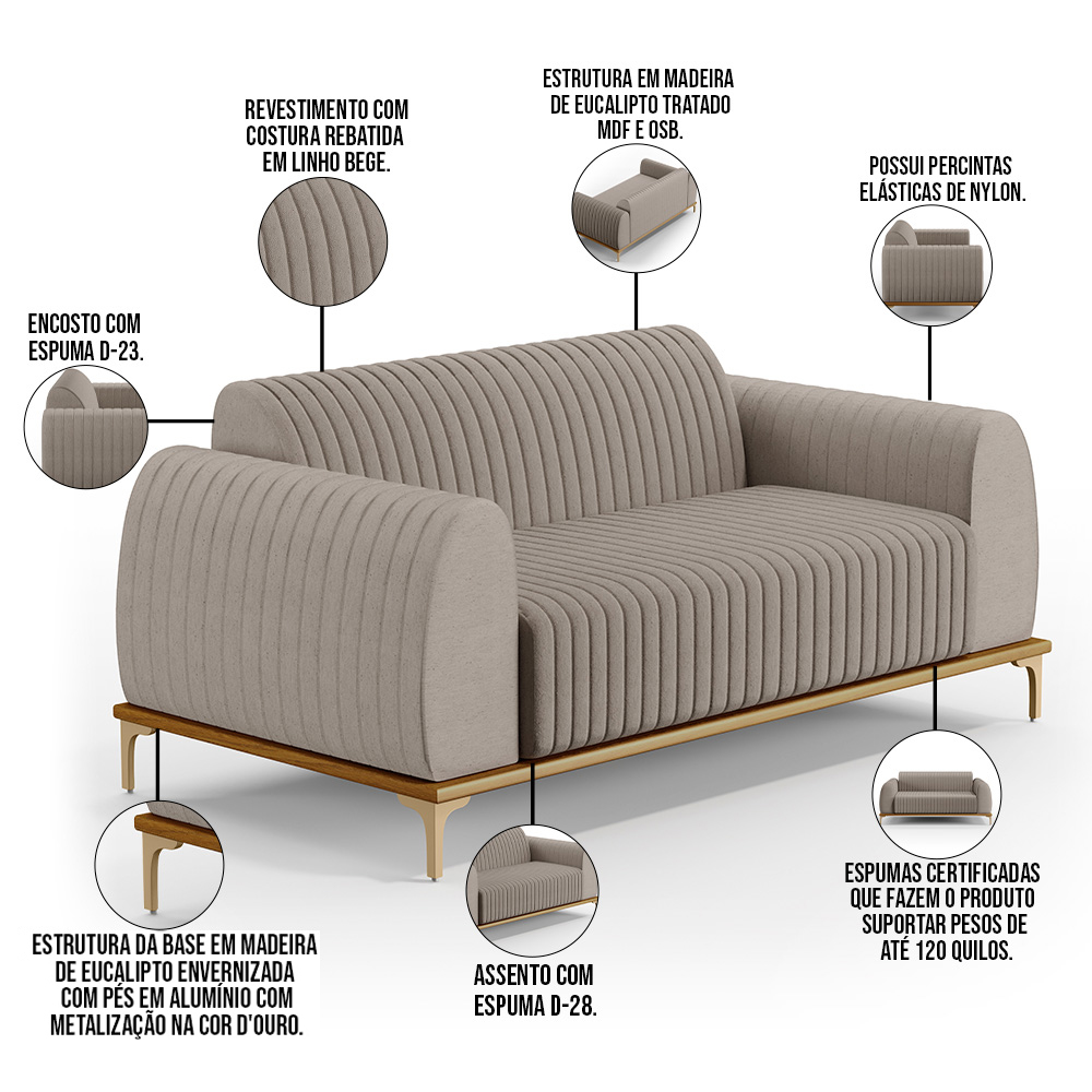 Sofá 2 Lugares Para Sala de Estar Molino 150 cm D02 Pés D'Ouro Linho Bege C-107 - Lyam Decor