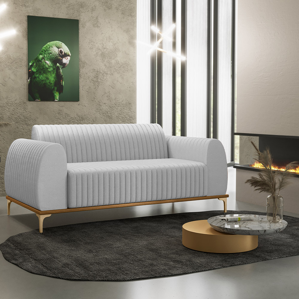 Sofá 2 Lugares Para Sala de Estar Molino 150 cm D02 Pés D'Ouro Linho Cinza D-315 - Lyam Decor