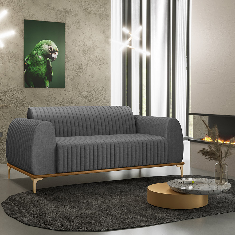 Sofá 2 Lugares Para Sala de Estar Molino 150 cm D02 Pés D'Ouro Linho Cinza Escuro C-416 - Lyam Decor