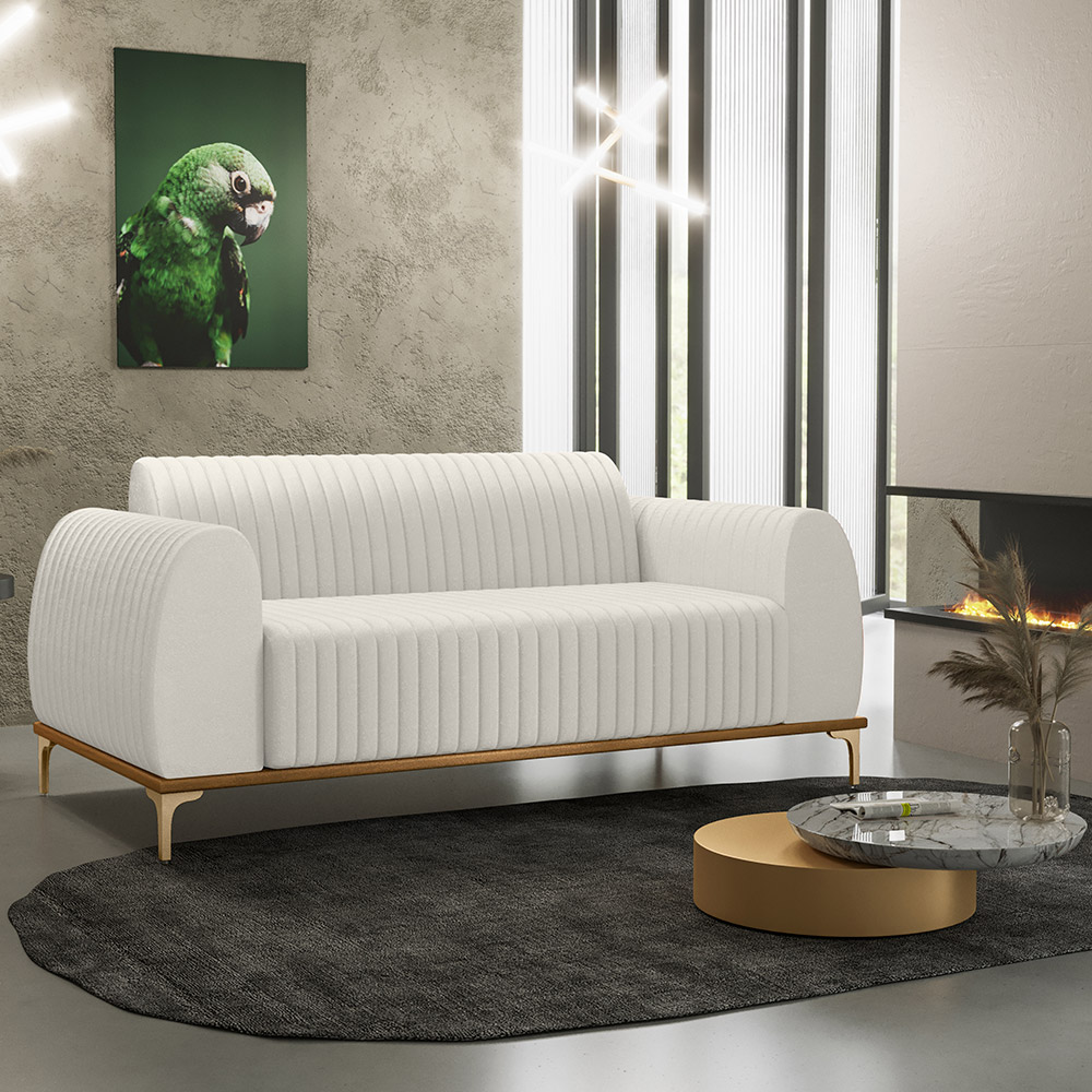 Sofá 2 Lugares Para Sala de Estar Molino 150 cm D02 Pés D'Ouro Linho Cru C-443 - Lyam Decor