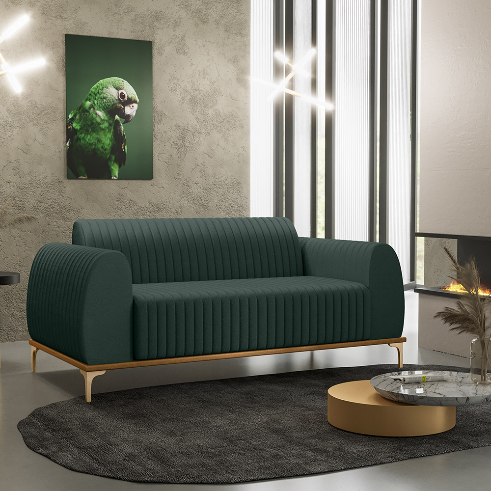 Sofá 2 Lugares Para Sala de Estar Molino 150 cm D02 Pés D'Ouro Linho Verde Musgo C-117 - Lyam Decor