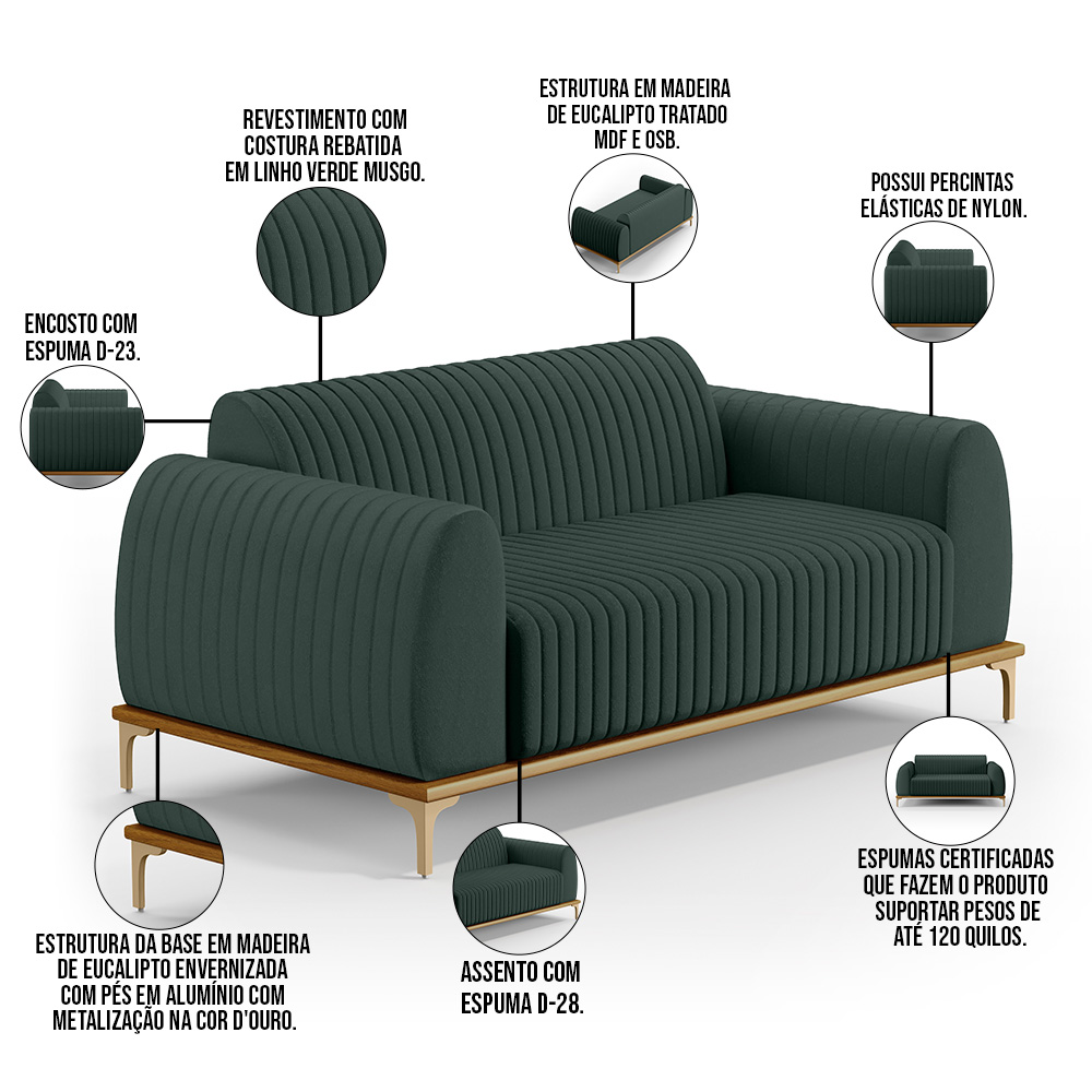 Sofá 2 Lugares Para Sala de Estar Molino 150 cm D02 Pés D'Ouro Linho Verde Musgo C-117 - Lyam Decor