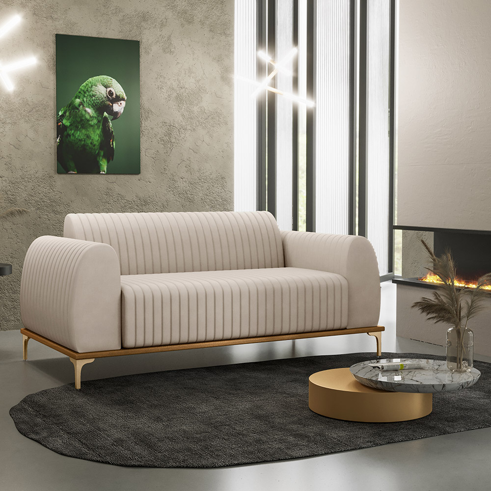 Sofá 2 Lugares Para Sala de Estar Molino 150 cm D02 Pés D'Ouro Veludo Bege C-309 - Lyam Decor