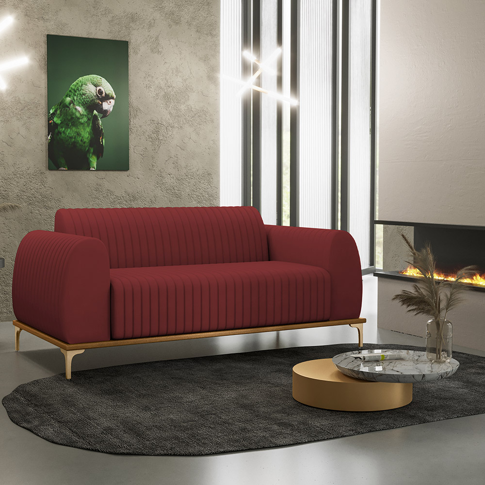 Sofá 2 Lugares Para Sala de Estar Molino 150 cm D02 Pés D'Ouro Veludo Marsala C-278 - Lyam Decor
