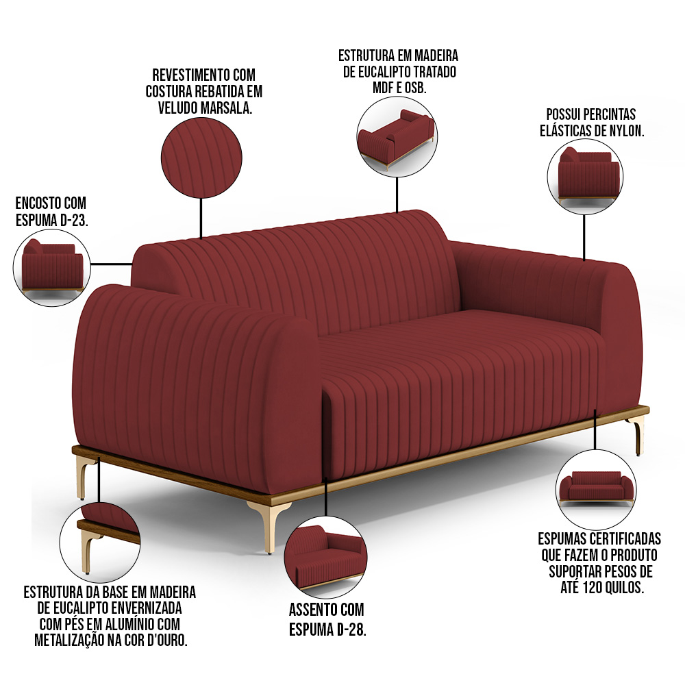 Sofá 2 Lugares Para Sala de Estar Molino 150 cm D02 Pés D'Ouro Veludo Marsala C-278 - Lyam Decor