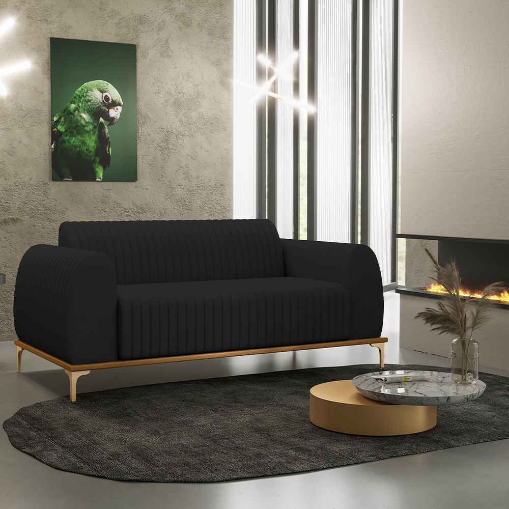 Sofá 2 Lugares Para Sala de Estar Molino 150 cm D02 Pés D'Ouro Veludo Preto C-300 - Lyam Decor