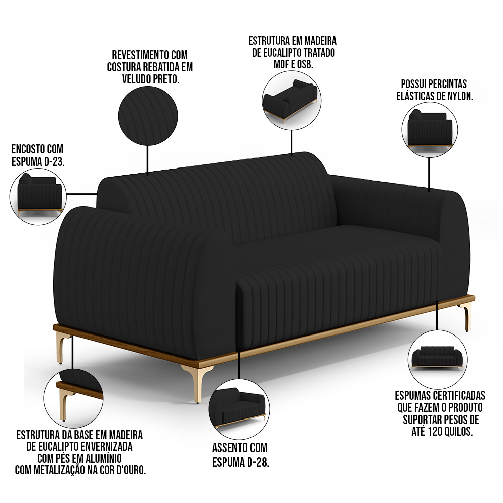 Sofá 2 Lugares Para Sala de Estar Molino 150 cm D02 Pés D'Ouro Veludo Preto C-300 - Lyam Decor
