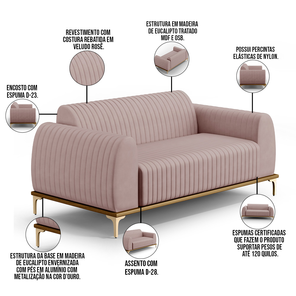 Sofá 2 Lugares Para Sala de Estar Molino 150 cm D02 Pés D'Ouro Veludo Rosê C-305 - Lyam Decor