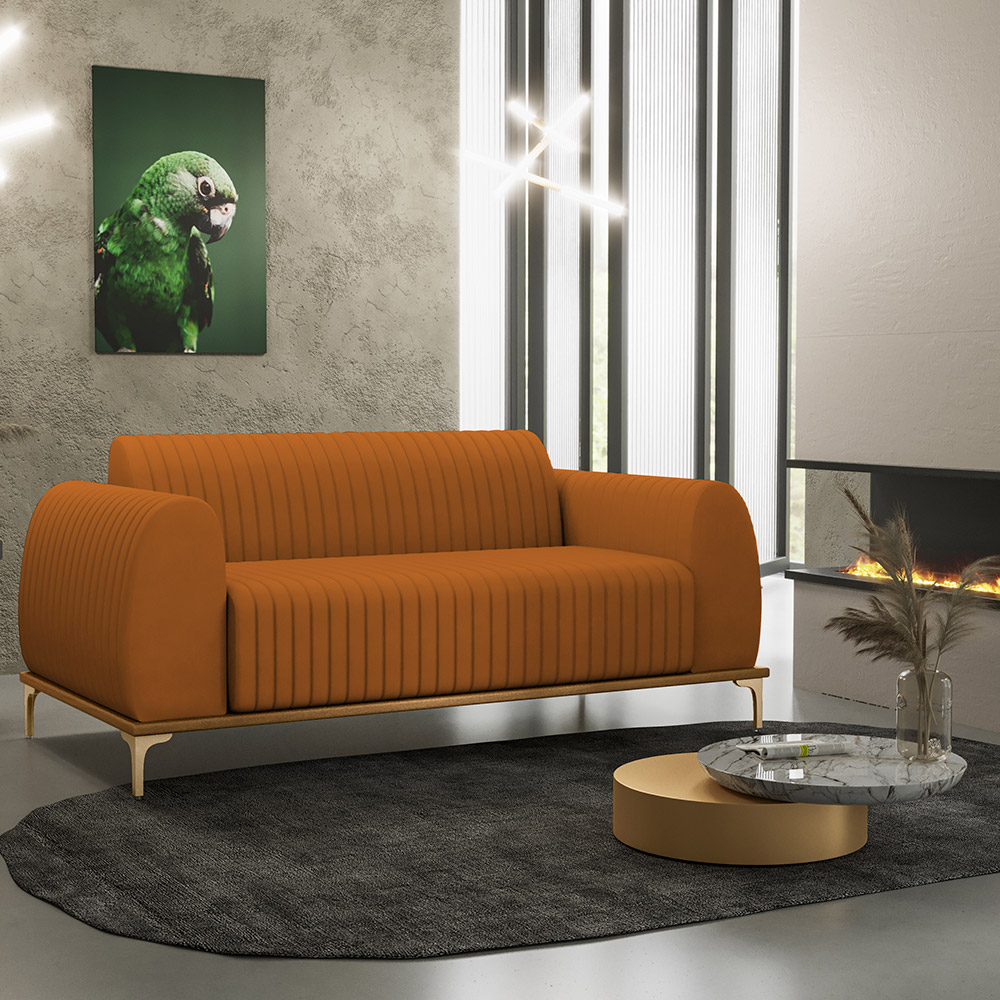 Sofá 2 Lugares Para Sala de Estar Molino 150 cm D02 Pés D'Ouro Veludo Telha C-262 - Lyam Decor