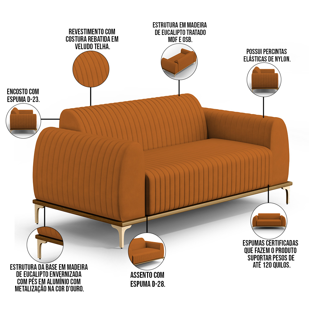 Sofá 2 Lugares Para Sala de Estar Molino 150 cm D02 Pés D'Ouro Veludo Telha C-262 - Lyam Decor