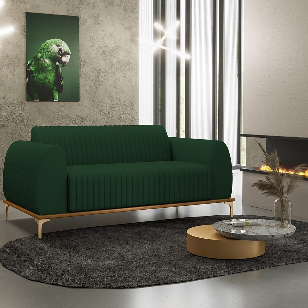 Sofá 2 Lugares Para Sala de Estar Molino 150 cm D02 Pés D'Ouro Veludo Verde Musgo C-303 - Lyam Decor