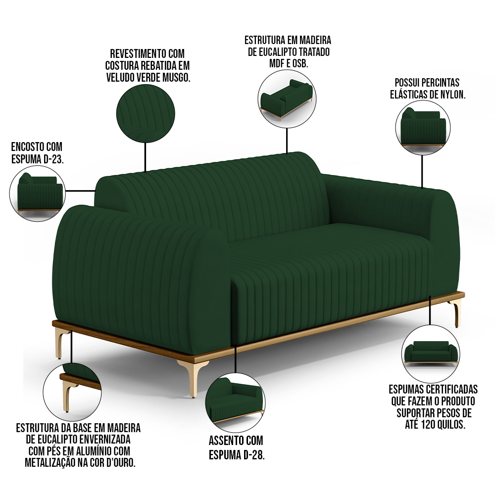 Sofá 2 Lugares Para Sala de Estar Molino 150 cm D02 Pés D'Ouro Veludo Verde Musgo C-303 - Lyam Decor