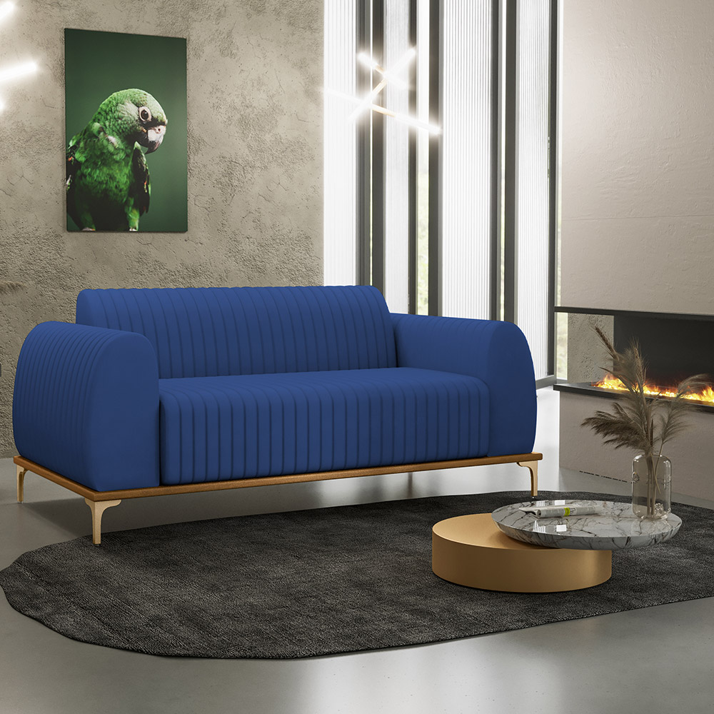 Sofá 2 Lugares Para Sala de Estar Molino 150cm D02 Pés D'Ouro Veludo Azul Marinho C-304 - Lyam Decor