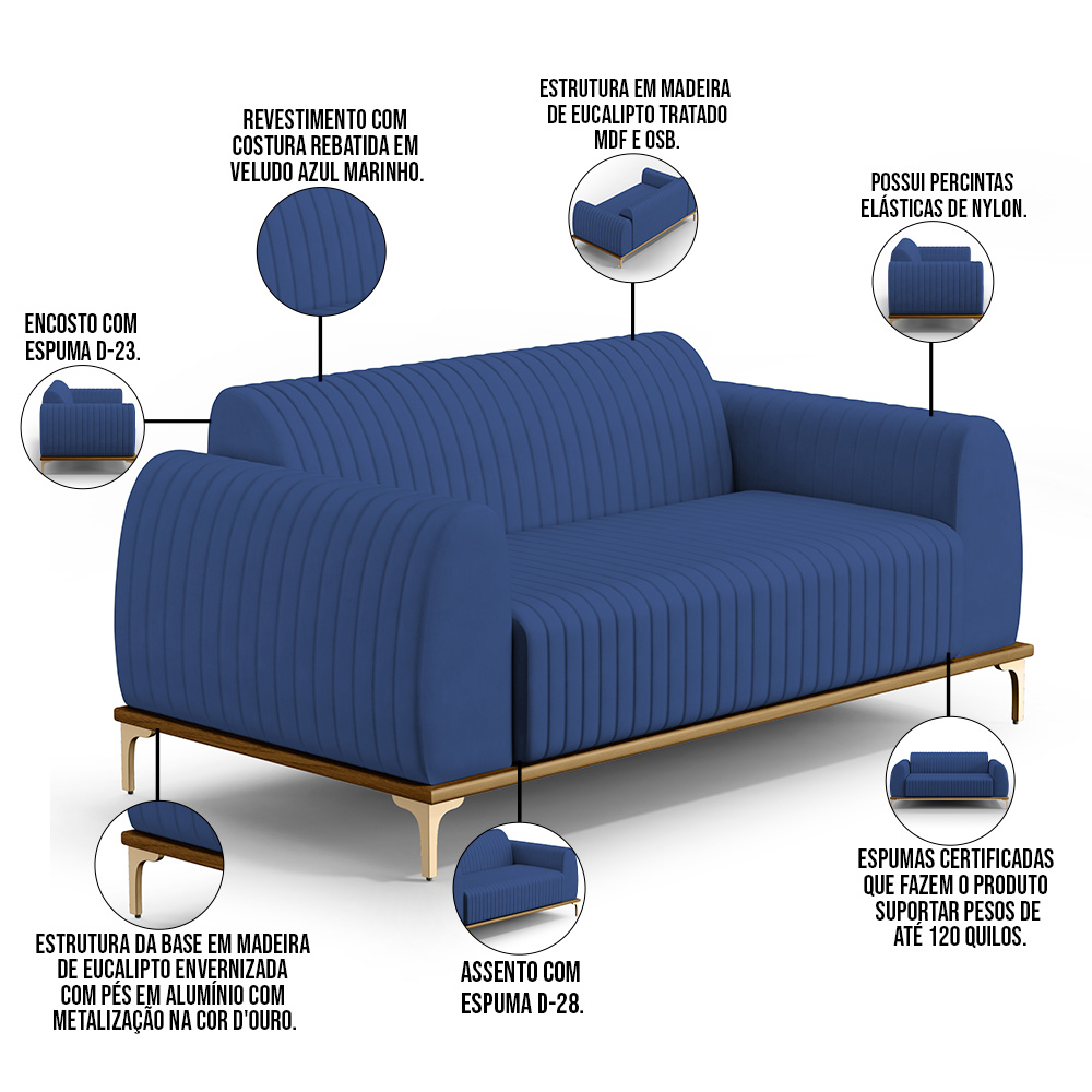 Sofá 2 Lugares Para Sala de Estar Molino 150cm D02 Pés D'Ouro Veludo Azul Marinho C-304 - Lyam Decor