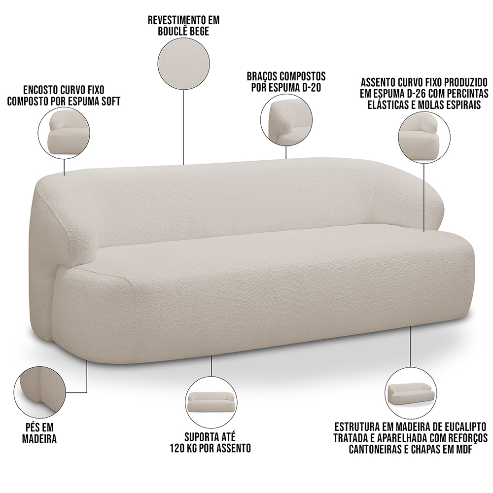 Sofá 3 Lugares Curvo Orgânico Para Sala Living 150cm Barolo L06 Bouclê Bege - Lyam Decor