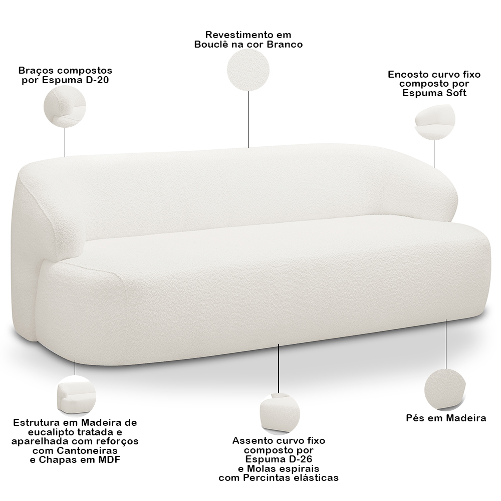 Sofá 3 Lugares Curvo Orgânico Para Sala Living 180cm Barolo L06 Bouclê Branco - Lyam Decor