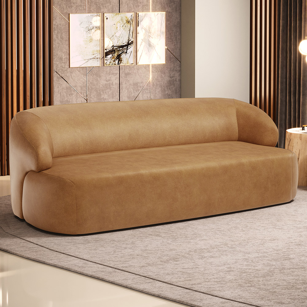 Sofá 3 Lugares Curvo Orgânico Para Sala Living 180cm Barolo L06 Couríssimo Camel - Lyam Decor