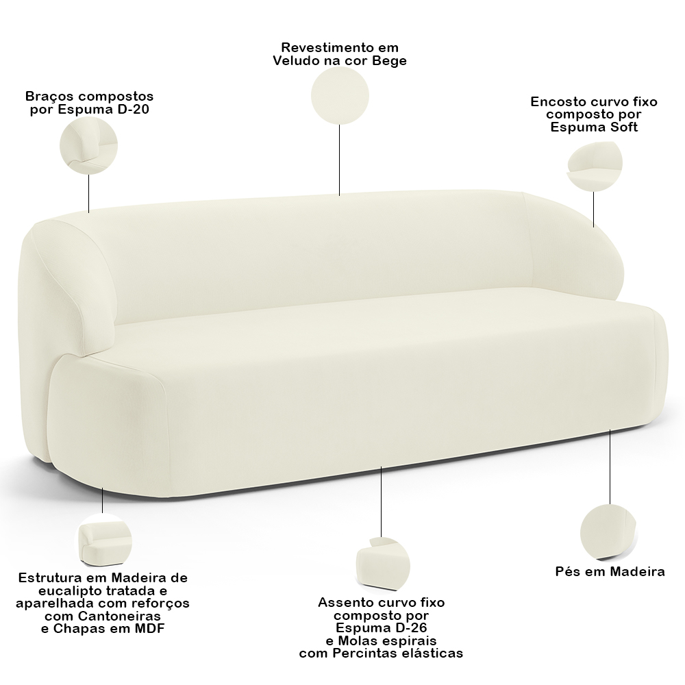 Sofá 3 Lugares Curvo Orgânico Para Sala Living 180cm Barolo L06 Veludo Bege - Lyam Decor