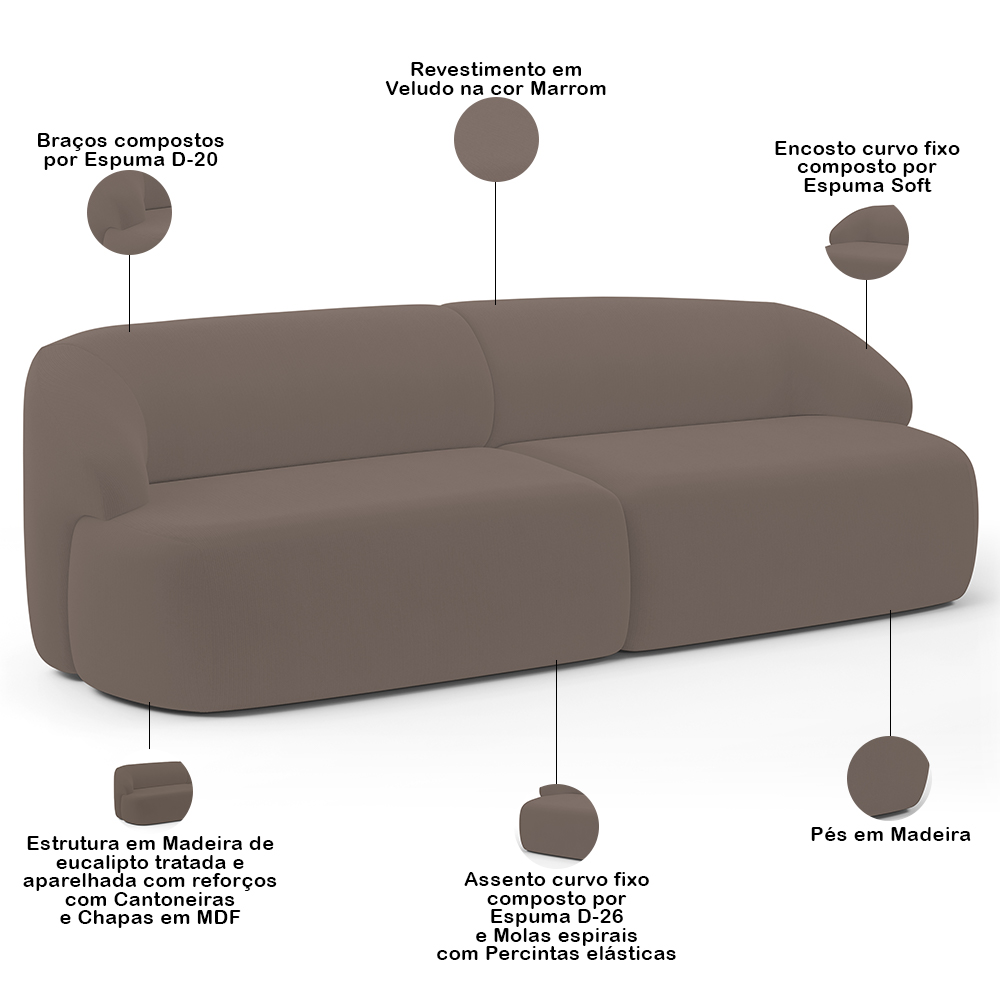 Sofá 3 Lugares Curvo Orgânico Para Sala Living 220cm Barolo L06 Veludo Marrom - Lyam Decor