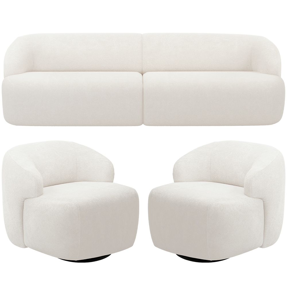 Sofá 3 Lugares Curvo Orgânico com 02 Poltronas Para Sala Living 220cm Barolo L06 Bouclê Branco - Lyam Decor