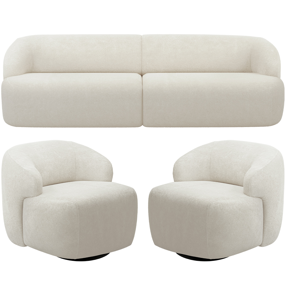 Sofá 3 Lugares Curvo Orgânico com 02 Poltronas Para Sala Living 220cm Barolo L06 Bouclê Off White - Lyam Decor