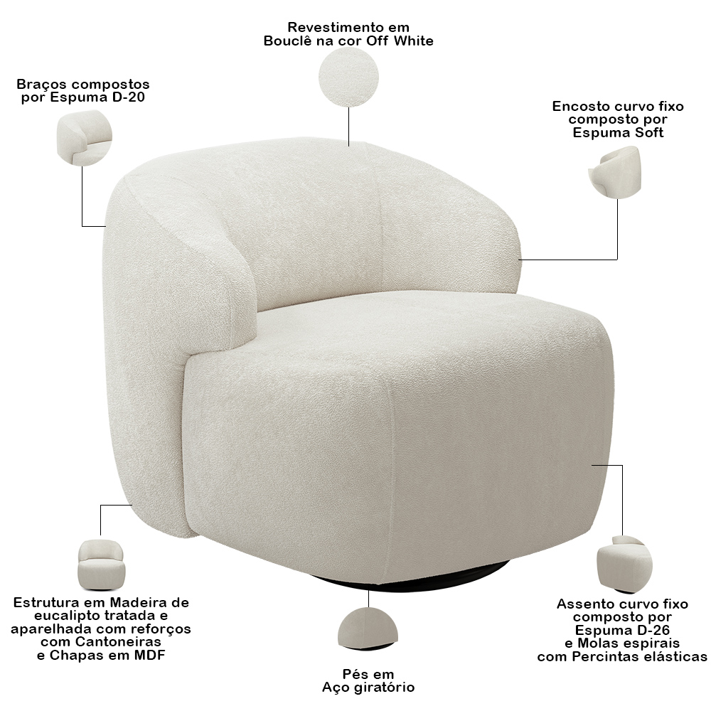 Sofá 3 Lugares Curvo Orgânico com 02 Poltronas Para Sala Living 220cm Barolo L06 Bouclê Off White - Lyam Decor