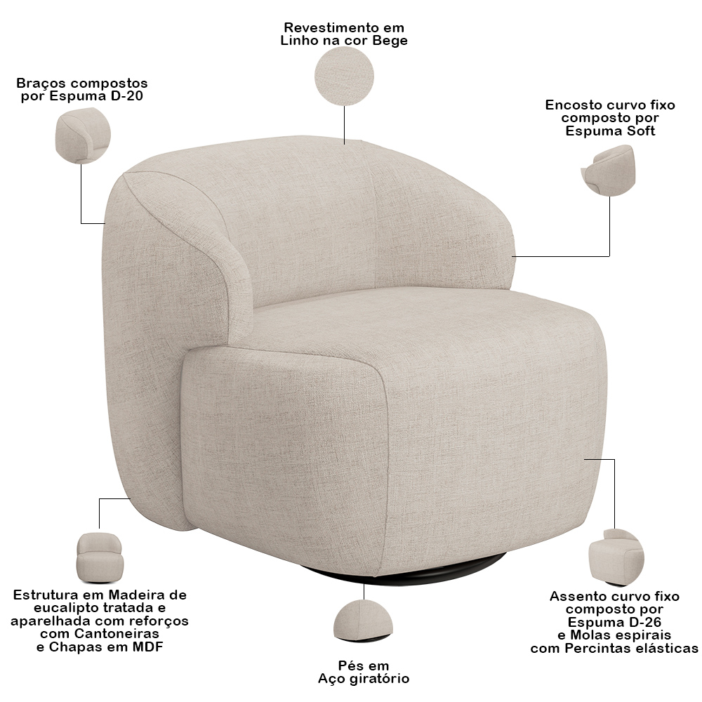 Sofá 3 Lugares Curvo Orgânico com 02 Poltronas Para Sala Living 220cm Barolo L06 Linho Bege TC1-102 - Lyam Decor