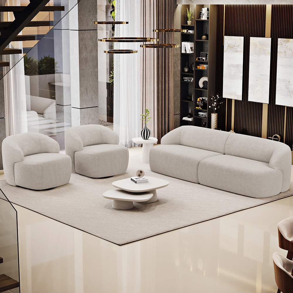 Sofá 3 Lugares Curvo Orgânico com 02 Poltronas Para Sala Living 250cm Barolo L06 Bouclê Bege - Lyam Decor