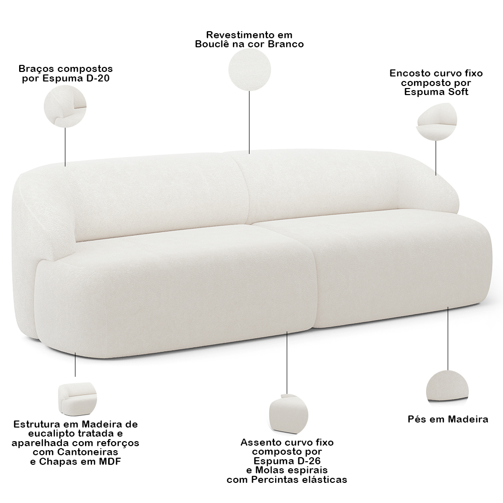 Sofá 3 Lugares Curvo Orgânico com 02 Poltronas Para Sala Living 250cm Barolo L06 Bouclê Branco - Lyam Decor